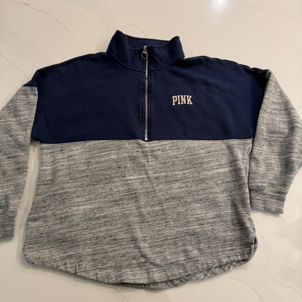Victoria's Secret PINK Quarter Zip Pullover Navy Grey Colorblock Fleece Small